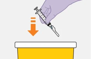 Una mano tiene una siringa con ago rivolto verso il basso sopra un contenitore giallo con coperchio bianco indicato da una freccia arancione