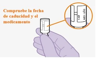 Una mano tiene un dispositivo medico con un ingrandimento che mostra l'area della data di scadenza con le scritte CAD MES AÑO