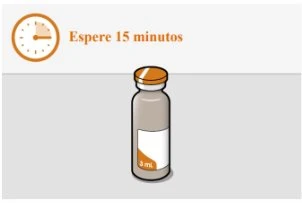 Icona di un orologio che indica 15 minuti accanto alla scritta Espere 15 minutos sopra un flaconcino di medicinale da 3 ml