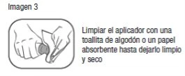 Schematic drawing of two hands cleaning a medical applicator with a cotton or paper towel until it is clean and dry