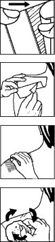 Sequence of four drawings showing hands preparing a medical device, applying a dressing, and massaging the treated area