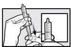 Two hands hold a syringe to adjust the dosage, with an arrow indicating downward movement and a close-up detail of the syringe barrel