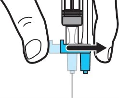 Disegno tecnico di due mani che tengono una siringa con una freccia nera che indica il movimento verso destra di un componente azzurro