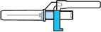 Diagramma tecnico di un dispositivo medico con un corpo cilindrico orizzontale, un'asta sottile interna e un componente di aggancio blu a forma di L