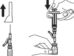 Disegno tecnico che mostra le mani che manovrano una siringa per prelevare il liquido da un flaconcino e il movimento di rimozione del cappuccio