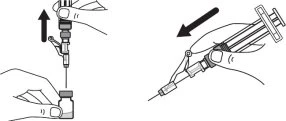 Disegno tecnico che mostra due fasi: una mano solleva una siringa da un flaconcino e l'altra la inclina verso il basso per l'iniezione