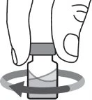Una mano tiene un flaconcino di vetro mentre una freccia circolare grigia indica un movimento di rotazione attorno al contenitore