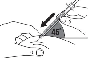Disegno tecnico che mostra una mano che inserisce un ago con una siringa graduata nella pelle con un'inclinazione di 45 gradi