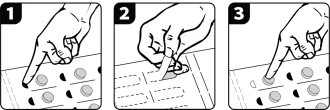 Tre illustrazioni sequenziali mostrano una mano che preme un dito su una confezione di pillole per staccare singole compresse dal blister