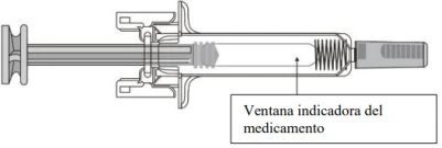 Schema tecnico di una siringa con etichetta che indica la finestra trasparente per il controllo del farmaco contenuto all'interno