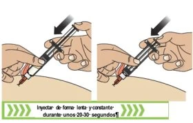 Two illustrations show hands holding a syringe to inject medication into an arm with a slow and steady motion