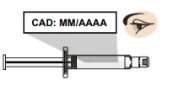 Schematic of a horizontal syringe with a box above displaying the text CAD MM/AAAA and a small drawing of an eye in the upper right corner