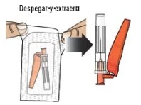 Diagram showing two hands peeling and removing a transparent medical device from a white protective wrapper
