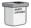 White container for sharp objects with gray lid and black text 'SHARPS CONTAINER' on the front side