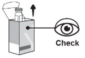 Drawing of a vial inside an open box with an arrow pointing upward