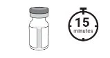 Drawing of a glass vial with gray stopper next to a stopwatch indicating 15 minutes