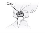 A hand removing the cap labeled 'Cap' from a medicine vial held steady by another hand