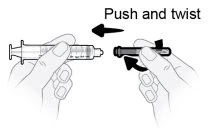 Two hands holding a syringe and a cap, with arrows indicating the direction of movement