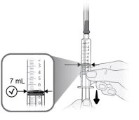 Magnified detail of a syringe showing the liquid level at 7 ml indicated by a checkmark and black arrows on white background