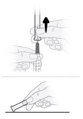 Technical drawing showing two stages: a hand pulling the plunger of a syringe outward