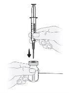 A hand holding a syringe with needle pointing toward the stopper of a glass vial, with a black arrow indicating downward movement