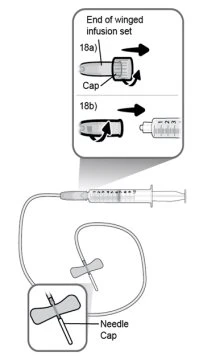 Medical diagram showing an infusion set with tubing, butterfly valve, and details on how to remove the cap from the tip