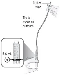 Medical diagram showing a hand holding a syringe with liquid and a magnified detail indicating the correct dosage of 5.6 ml
