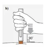 Una mano impugna verticalmente un dispositivo medico per applicarlo sulla pelle con un angolo di 90 gradi indicato da una freccia verso il basso
