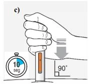 Disegno tecnico di una mano che preme verticalmente un dispositivo medico a 90 gradi con un cronometro che indica 10 secondi