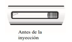 Dispositivo medico orizzontale con una finestra rettangolare che mostra un livello di liquido e la scritta Antes de la inyección sotto di esso