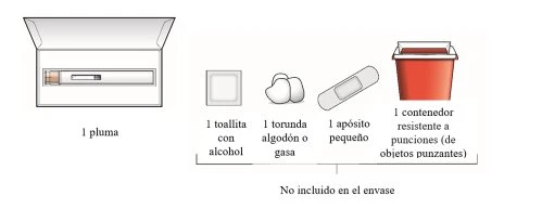 Disposizione di una penna per iniezione, una salvietta imbevuta di alcol, un batuffolo di cotone, un piccolo cerotto e un contenitore per oggetti taglienti