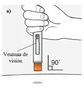 Disegno tecnico di una mano che impugna verticalmente un dispositivo medico con finestra di visione e punta arancione a 90 gradi dalla superficie