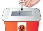 Una mano inserisce verticalmente una siringa in un contenitore di smaltimento per rifiuti biologici rosso e bianco con simbolo di rischio biologico