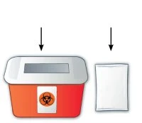 Contenitore rosso per rifiuti biologici con simbolo di rischio biologico e un sacchetto bianco accanto, entrambi indicati da frecce nere verso il basso