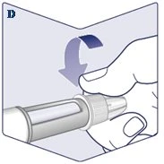 A hand rotates the upper part of an injection pen downward following the direction indicated by a curved blue arrow