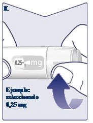 Two hands hold a white medical device displaying '0.25 mg' and a curved blue arrow indicating movement toward the