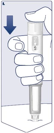 A hand holds an injection pen vertically with a '0.25 mg' indicator and a blue arrow pointing downward toward the tip