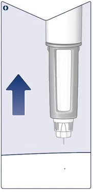 White and gray medical device with a blue arrow pointing to the