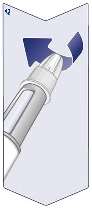 Pen-shaped medical device with white tip and gray body oriented toward a curved blue arrow indicating rotational movement toward the