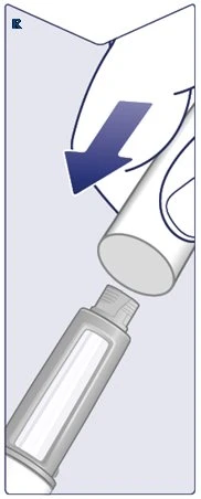A blue arrow indicates the movement of a white cylindrical medical device toward a gray container with a transparent window