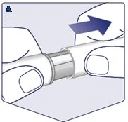 Two hands gripping and pushing a cylindrical medical device to the right, indicated by a dark blue arrow on a light background