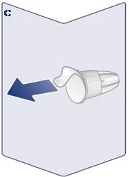 Illustration of a white medical device with a blue arrow pointing left, indicating direction of removal or movement