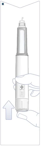 A hand holding a white injection pen with dosage indicator set at 0 mg and an arrow pointing toward the