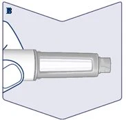 Technical illustration of a pen-shaped medical device with a white body and a transparent reservoir showing internal contents