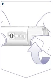 Mani che impugnano un dispositivo medico bianco con indicatore digitale che segna 0 mg e una freccia curva che indica un movimento verso l'alto