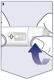 Two hands holding a white medical device showing '0 mg' with a curved blue arrow indicating a rotational movement to the