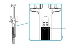 Diagramma tecnico di una siringa con ingrandimento che mostra i dettagli della sezione centrale con le scritte Lot ed Exp su fondo nero