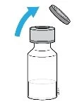 Illustration of a glass vial with transparent liquid and a metal cap being removed upwards