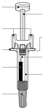 Black-and-white technical diagram of a syringe with reference lines indicating various internal and external components of the device