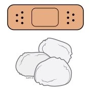 Skin-colored adhesive bandage with a rectangular central area and three small holes on the sides placed over three irregularly shaped white pills